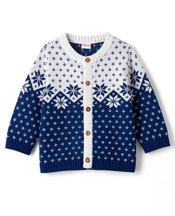 Babyhug 100% Cotton Knit Full Sleeves Floral Designed Front Open Sweater Set with Cap - Navy