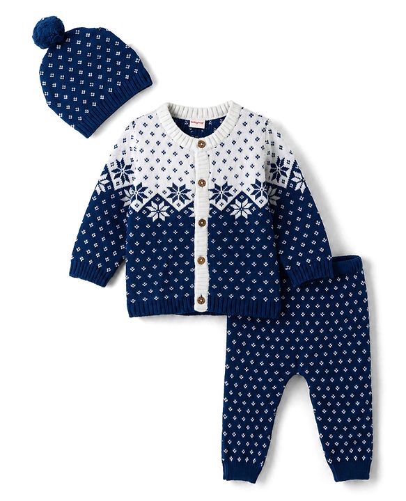 Babyhug 100% Cotton Knit Full Sleeves Floral Designed Front Open Sweater Set with Cap - Navy