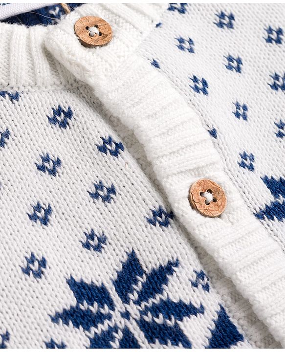 Babyhug 100% Cotton Knit Full Sleeves Floral Designed Front Open Sweater Set with Cap - Navy