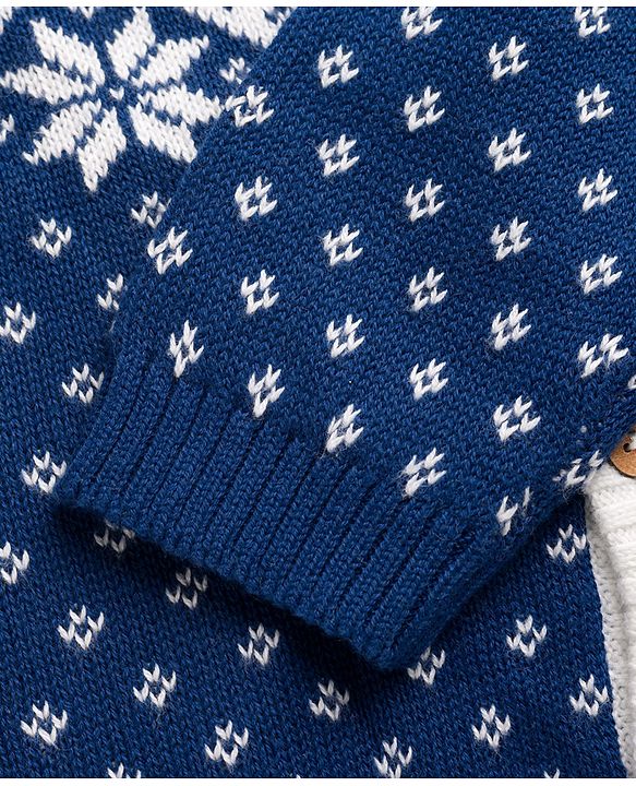 Babyhug 100% Cotton Knit Full Sleeves Floral Designed Front Open Sweater Set with Cap - Navy