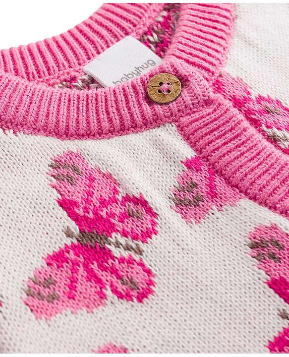 Babyhug Knit Organic 100% Cotton Full Sleeves Butterfly Designed Front Open Sweater Set with Cap - Pink