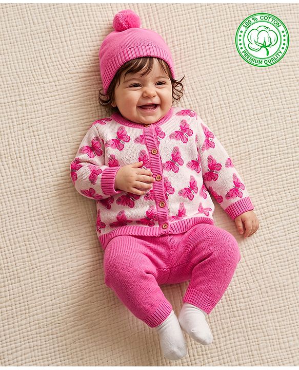 Babyhug Knit Organic 100% Cotton Full Sleeves Butterfly Designed Front Open Sweater Set with Cap - Pink