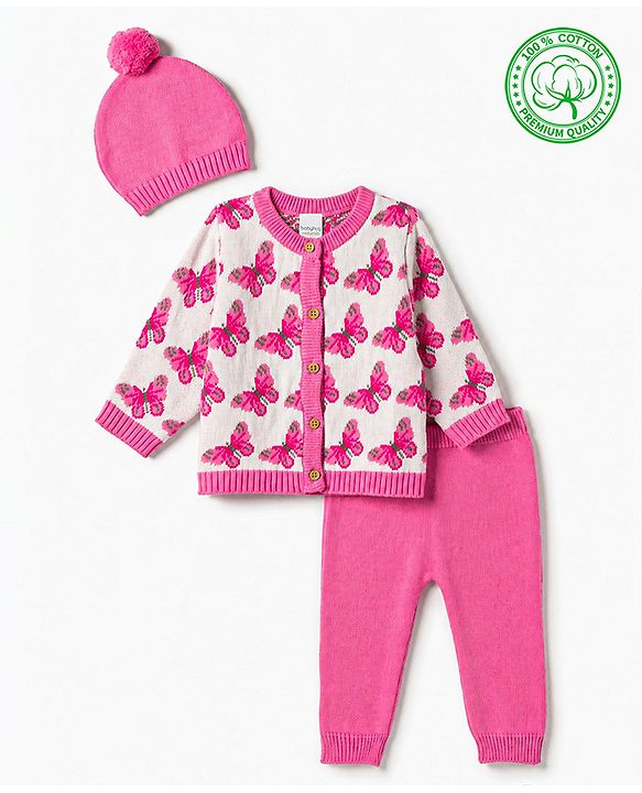 Babyhug Knit Organic 100% Cotton Full Sleeves Butterfly Designed Front Open Sweater Set with Cap - Pink