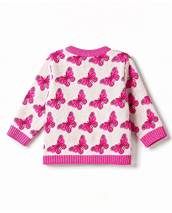 Babyhug Knit Organic 100% Cotton Full Sleeves Butterfly Designed Front Open Sweater Set with Cap - Pink