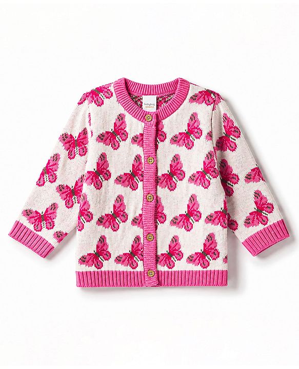 Babyhug Knit Organic 100% Cotton Full Sleeves Butterfly Designed Front Open Sweater Set with Cap - Pink