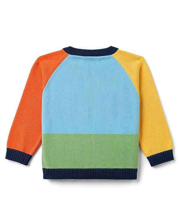 Babyhug Organic 100% Cotton Knit Full Raglan Sleeves Colour Block Striped & JCB Designed Sweater Set With Cap- Sky