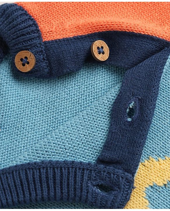 Babyhug Organic 100% Cotton Knit Full Raglan Sleeves Colour Block Striped & JCB Designed Sweater Set With Cap- Sky