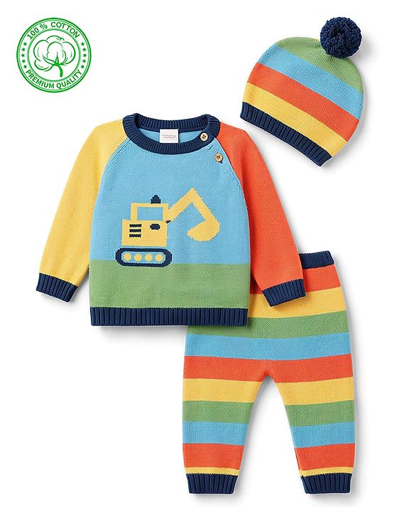 Babyhug Organic 100% Cotton Knit Full Raglan Sleeves Colour Block Striped & JCB Designed Sweater Set With Cap- Sky