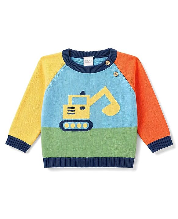 Babyhug Organic 100% Cotton Knit Full Raglan Sleeves Colour Block Striped & JCB Designed Sweater Set With Cap- Sky
