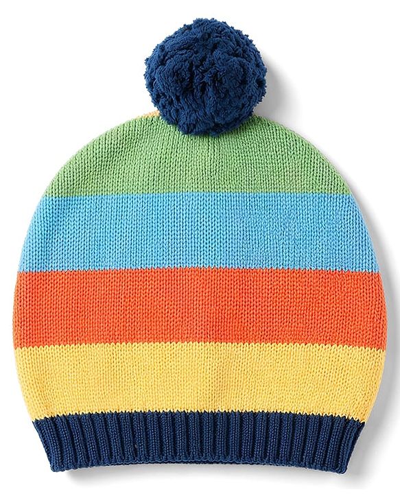 Babyhug Organic 100% Cotton Knit Full Raglan Sleeves Colour Block Striped & JCB Designed Sweater Set With Cap- Sky