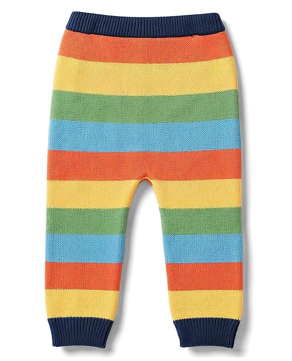 Babyhug Organic 100% Cotton Knit Full Raglan Sleeves Colour Block Striped & JCB Designed Sweater Set With Cap- Sky
