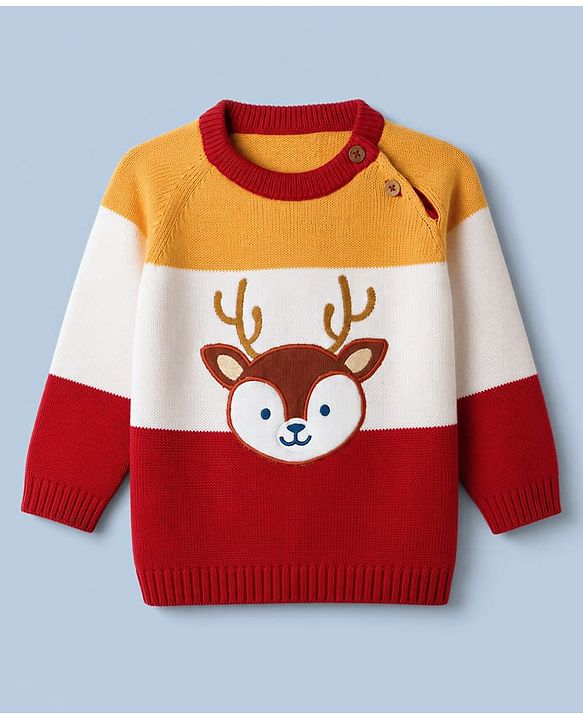 Babyhug 100% Cotton Knit Full Sleeves Dear Applique Sweater Set with Cap - Red