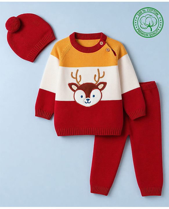 Babyhug 100% Cotton Knit Full Sleeves Dear Applique Sweater Set with Cap - Red