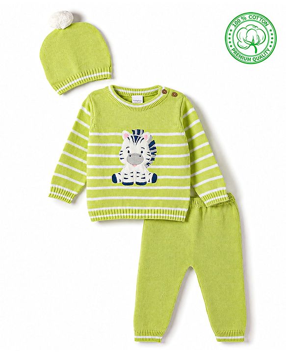 Babyhug Organic 100% Cotton Knit Full Sleeves Striped & Zebra Designed Sweater Set With Cap- Lime Green