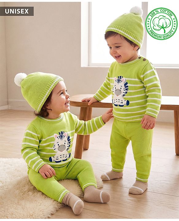 Babyhug Organic 100% Cotton Knit Full Sleeves Striped & Zebra Designed Sweater Set With Cap- Lime Green