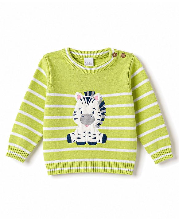 Babyhug Organic 100% Cotton Knit Full Sleeves Striped & Zebra Designed Sweater Set With Cap- Lime Green