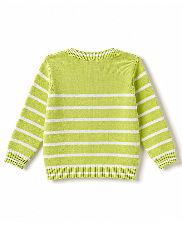 Babyhug Organic 100% Cotton Knit Full Sleeves Striped & Zebra Designed Sweater Set With Cap- Lime Green