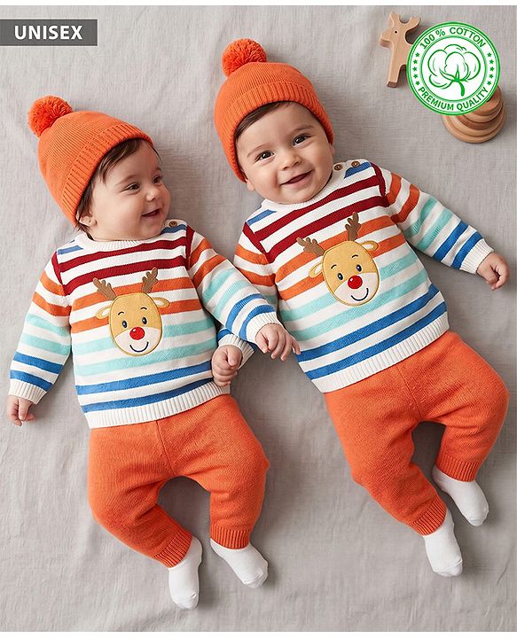 Babyhug Organic 100% Cotton Knit Full Sleeves Striped & Zebra Designed Sweater Set With Cap- Rust Orange