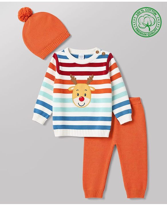 Babyhug Organic 100% Cotton Knit Full Sleeves Striped & Zebra Designed Sweater Set With Cap- Rust Orange