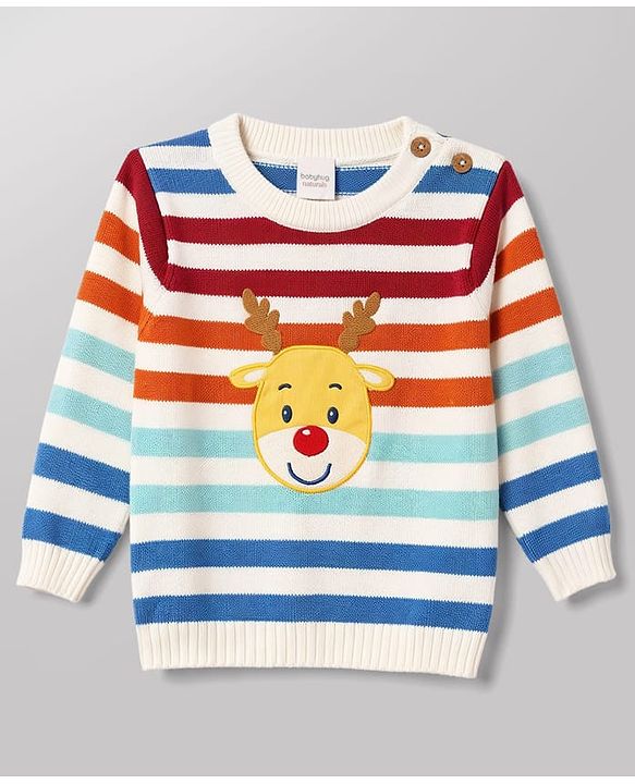 Babyhug Organic 100% Cotton Knit Full Sleeves Striped & Zebra Designed Sweater Set With Cap- Rust Orange