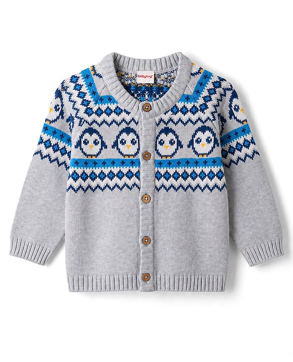 Babyhug 100% Cotton Knit Full Raglan Sleeves Penguin Designed Sweater Set with Cap - Navy & Grey