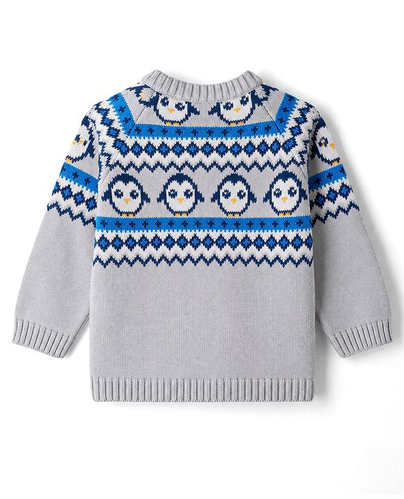 Babyhug 100% Cotton Knit Full Raglan Sleeves Penguin Designed Sweater Set with Cap - Navy & Grey