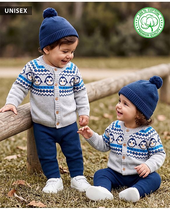 Babyhug 100% Cotton Knit Full Raglan Sleeves Penguin Designed Sweater Set with Cap - Navy & Grey
