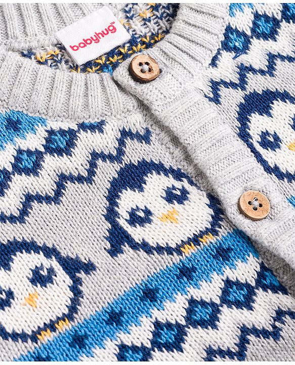 Babyhug 100% Cotton Knit Full Raglan Sleeves Penguin Designed Sweater Set with Cap - Navy & Grey