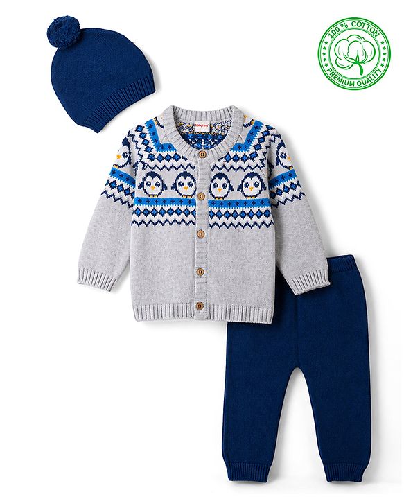 Babyhug 100% Cotton Knit Full Raglan Sleeves Penguin Designed Sweater Set with Cap - Navy & Grey