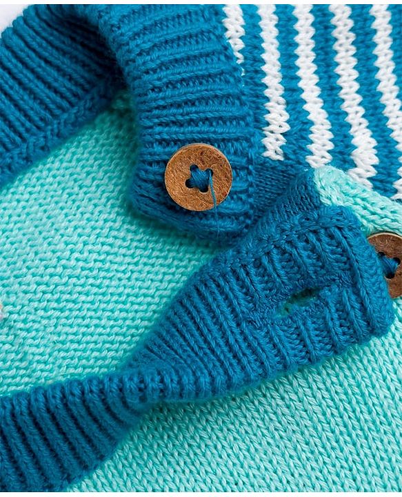 Babyhug 100% Cotton Knit Full Raglan Sleeves Striped Sweater Set with Cap & Bear Face Applique - Blue