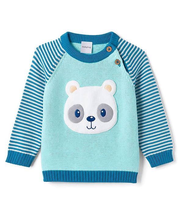 Babyhug 100% Cotton Knit Full Raglan Sleeves Striped Sweater Set with Cap & Bear Face Applique - Blue