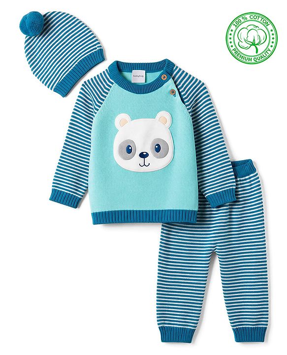 Babyhug 100% Cotton Knit Full Raglan Sleeves Striped Sweater Set with Cap & Bear Face Applique - Blue