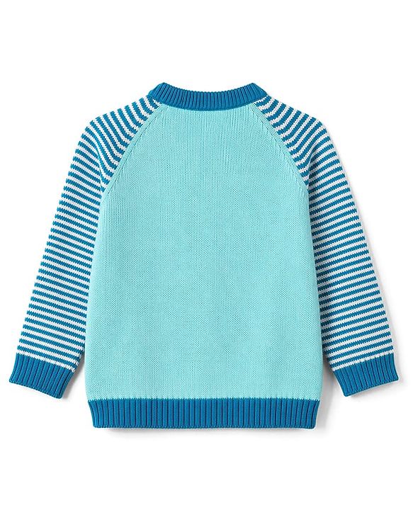 Babyhug 100% Cotton Knit Full Raglan Sleeves Striped Sweater Set with Cap & Bear Face Applique - Blue