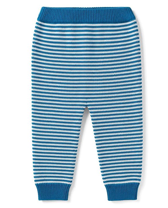 Babyhug 100% Cotton Knit Full Raglan Sleeves Striped Sweater Set with Cap & Bear Face Applique - Blue