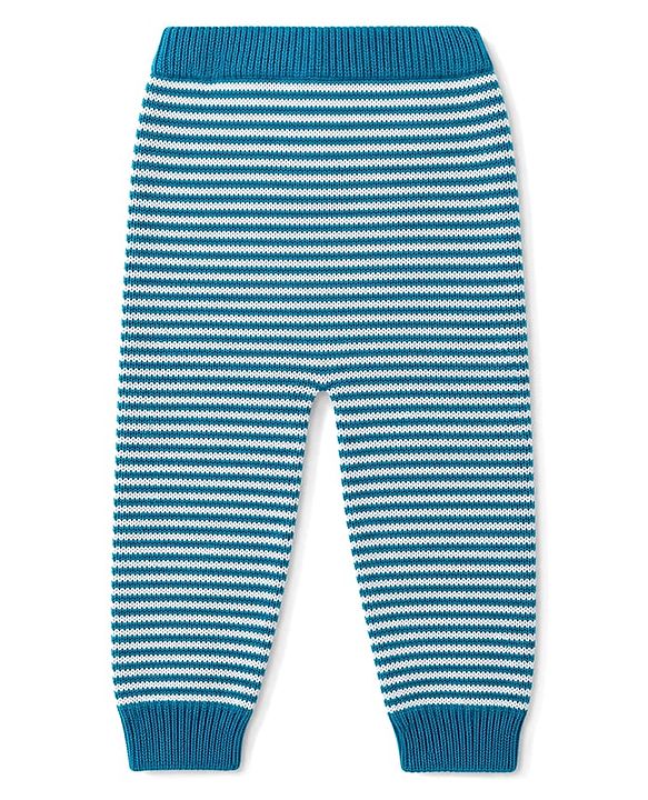 Babyhug 100% Cotton Knit Full Raglan Sleeves Striped Sweater Set with Cap & Bear Face Applique - Blue