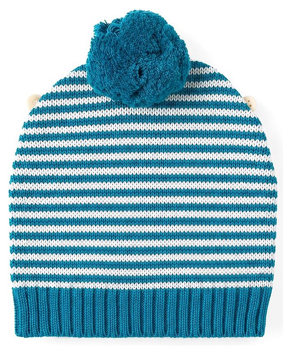 Babyhug 100% Cotton Knit Full Raglan Sleeves Striped Sweater Set with Cap & Bear Face Applique - Blue