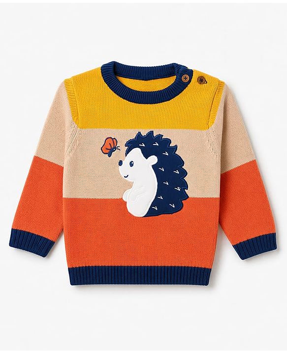 Babyhug 100% Cotton Knit Full Sleeves Animal & Butterfly Embroidered Sweater Set With Cap - Navy Blue
