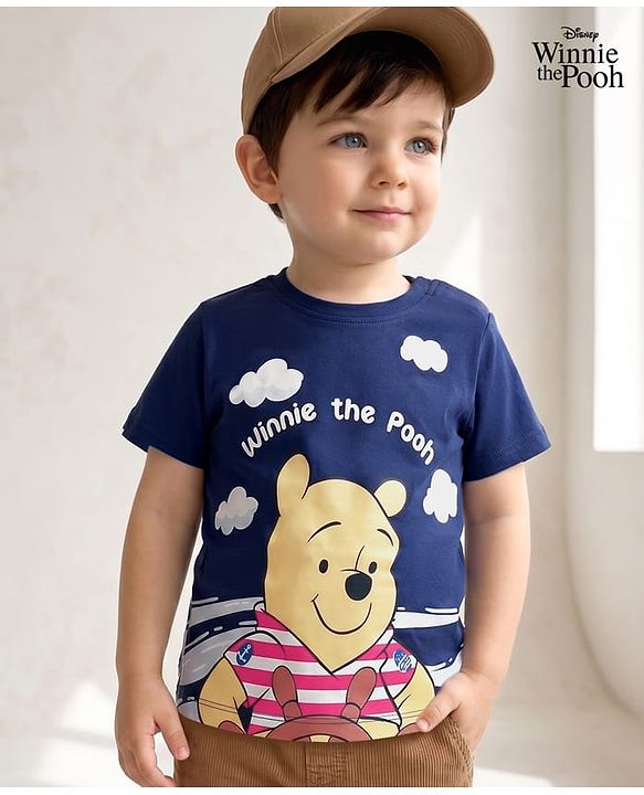 Babyhug Disney Cotton Knit Half Sleeves T-Shirt With Winnie The Pooh Graphic - Navy Blue