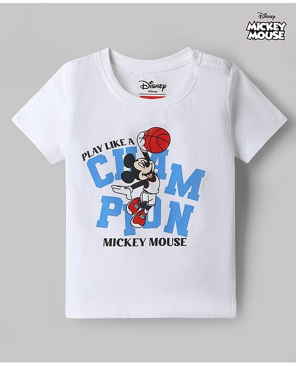 Babyhug Disney 100% Cotton Knit Half Sleeves T-Shirt With Mickey Mouse Graphic - White