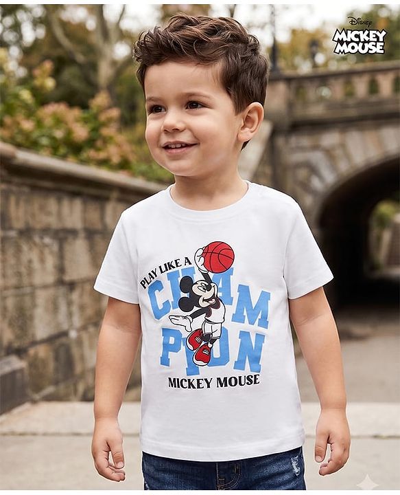 Babyhug Disney 100% Cotton Knit Half Sleeves T-Shirt With Mickey Mouse Graphic - White