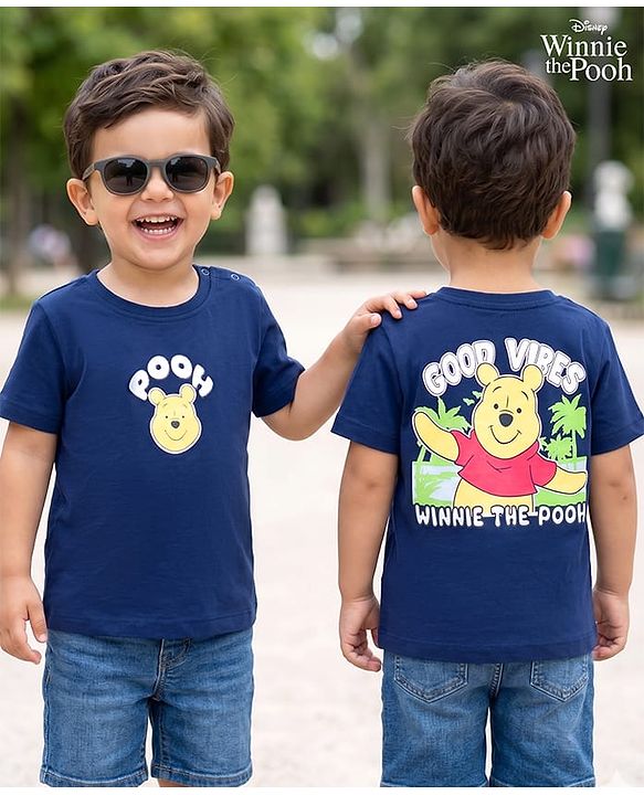 Babyhug Disney Cotton Knit T-Shirt Half Sleeve Round Neck Winnie The Pooh Graphic Navy Blue 3-6 Months