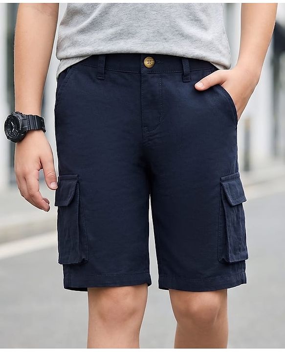 Pine Kids Cotton Elastane Woven Above Knee Length Solid Shorts - Navy Blue