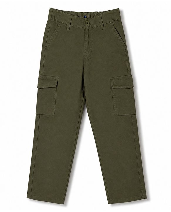 Pine Kids Cotton Elastane Woven Full Length Trousers in Olive Green