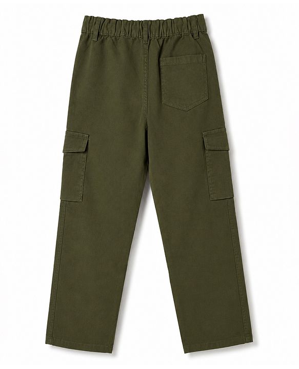 Pine Kids Cotton Elastane Woven Full Length Trousers in Olive Green
