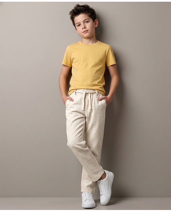 Pine Kids Cotton Elastane Woven Full Length Solid Trouser - Beige