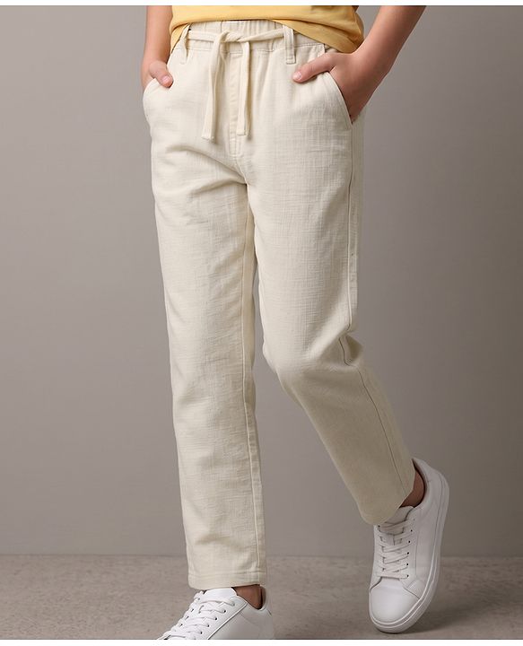 Pine Kids Cotton Elastane Woven Full Length Solid Trouser - Beige