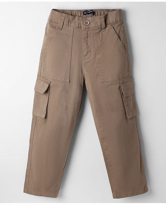 Pine Kids Cotton Elastane Woven Full Length Solid Color Trousers - Khaki