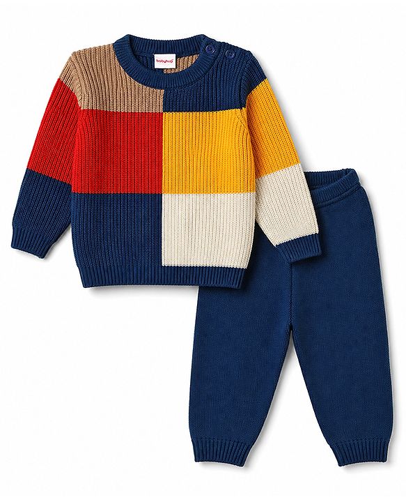 Babyhug Knit Full Sleeves Sweater Set With Block Design - Navy Blue