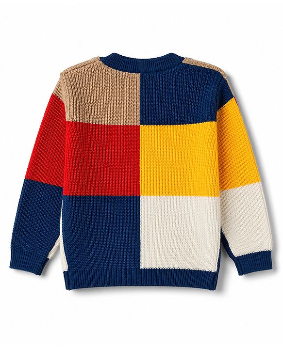 Babyhug Knit Full Sleeves Sweater Set With Block Design - Navy Blue