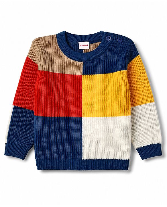 Babyhug Knit Full Sleeves Sweater Set With Block Design - Navy Blue
